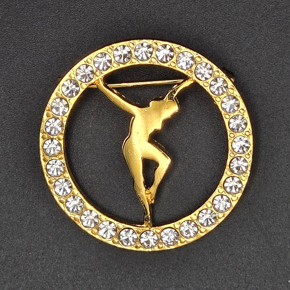Gold Tone Dancer Vintage Pin Brooch Rhinestone Circle Abstract Modernist‎